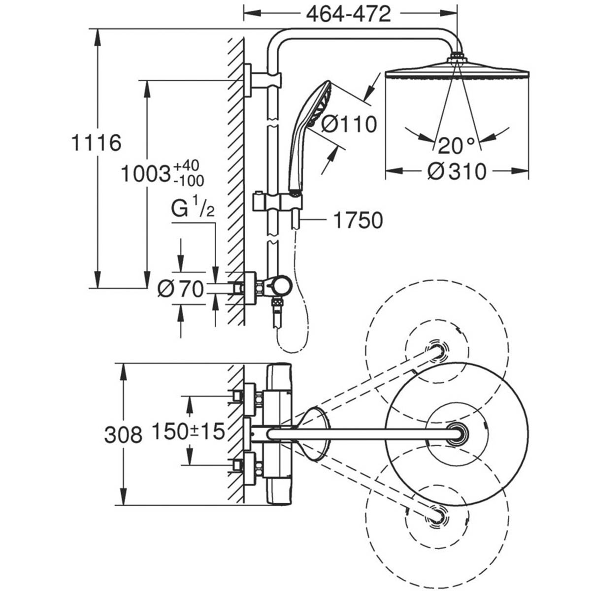 Grohe Thermostatic Shower System Chrome Exposed Single Spray Pattern Twin Head - Image 4