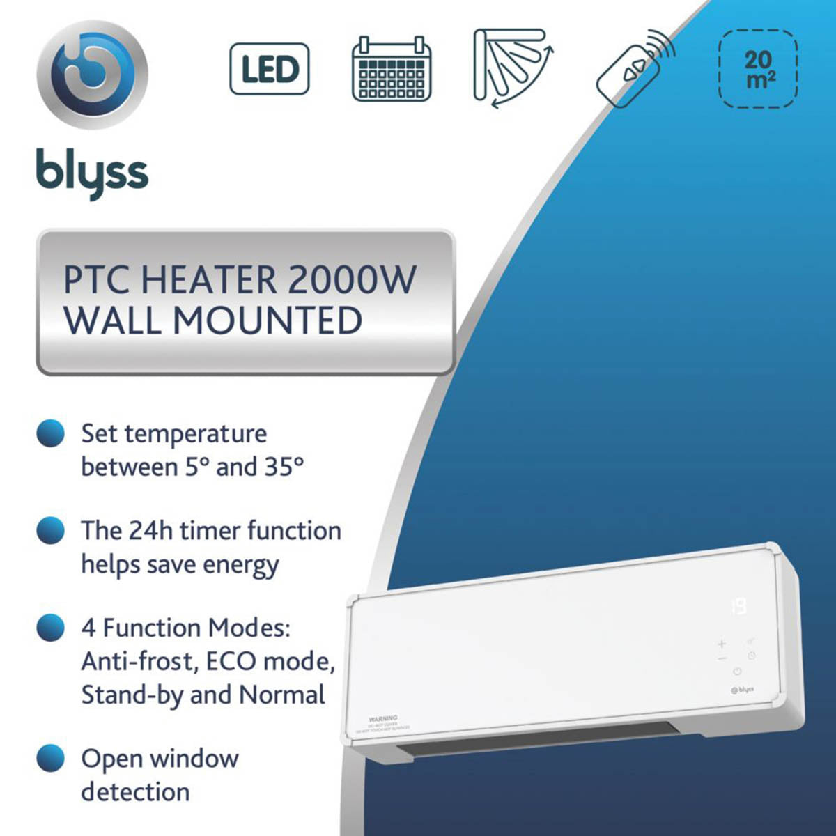 Blyss Heater Electric Wall-Mounted White LED Display Oscillation BL PTCM 2000W - Image 3