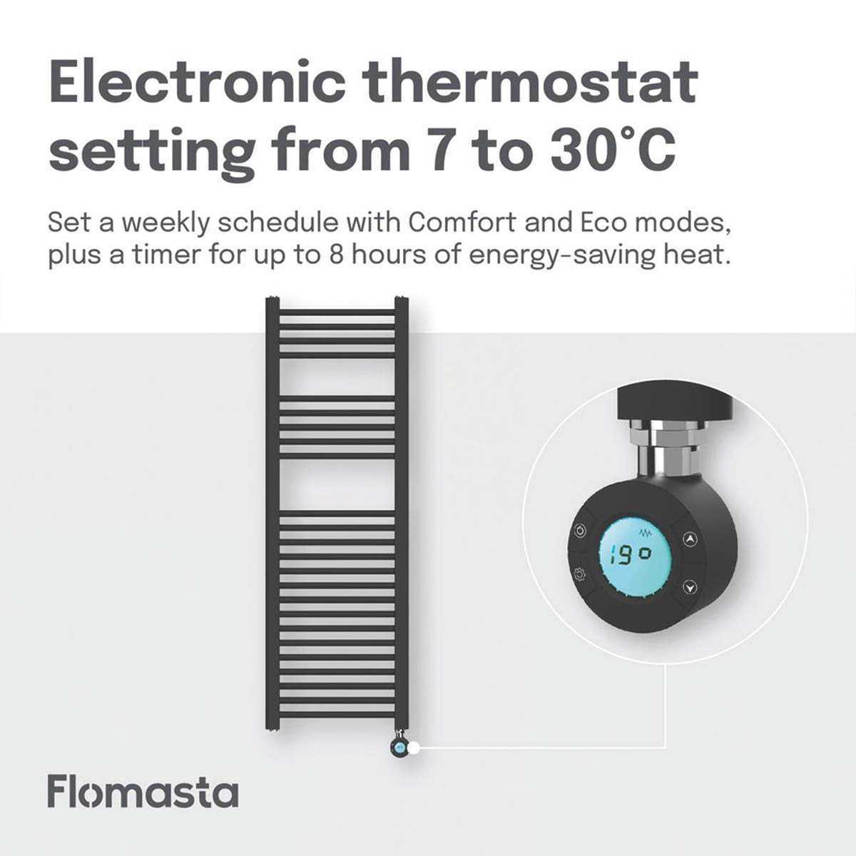 Flomasta Electric Towel Radiator Black Flat 1200mm x 400mm 1364BTU - Image 5