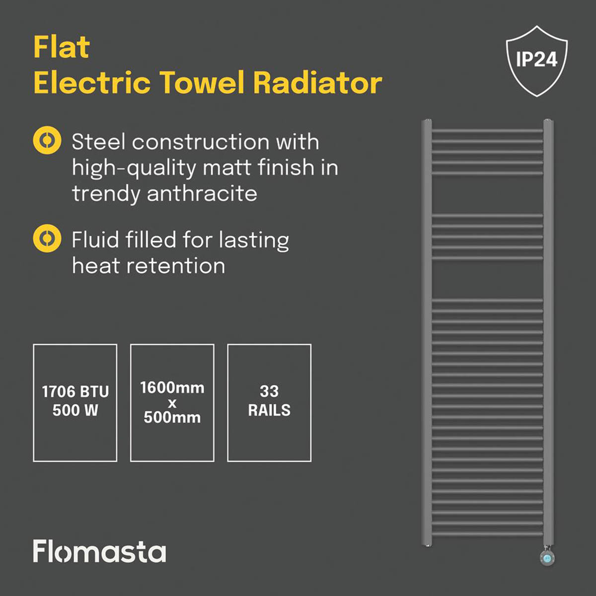 Flomasta Electric Towel Rail Radiator Anthracite Flat Bathroom Warmer H160xW50cm - Image 4