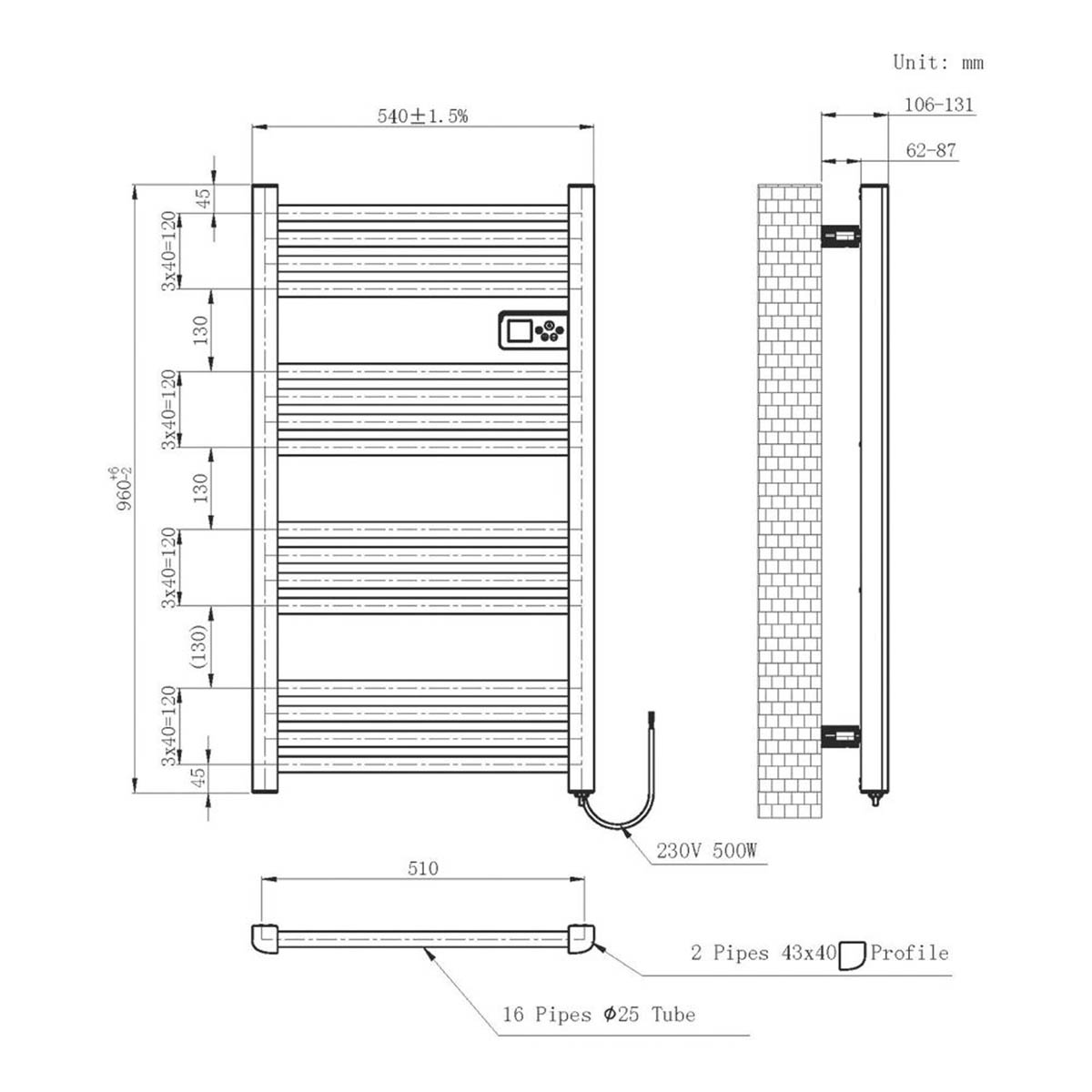 Flomasta Electric Towel Rail Radiator White Flat Bathroom Warmer (H)96x(W)54cm - Image 4
