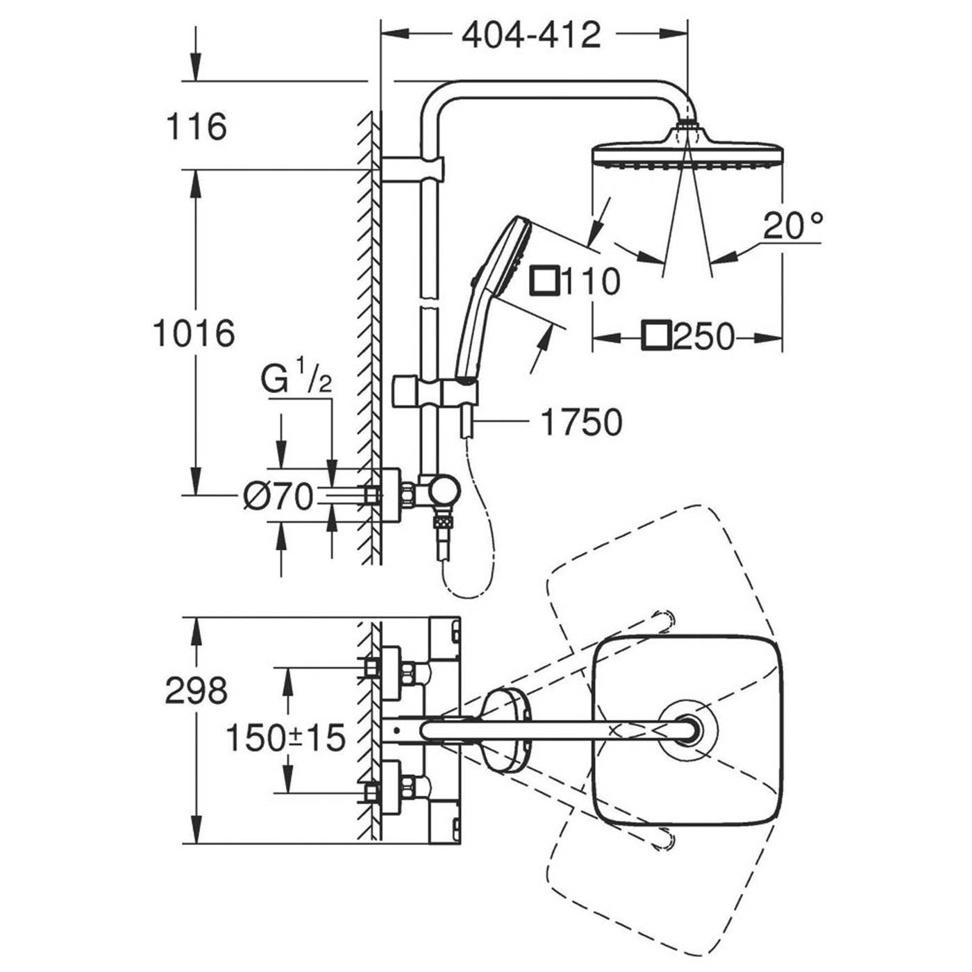 Grohe Thermostatic Mixer Shower System Vitalio Comfort 250 HP Rear-Fed Exposed - Image 2
