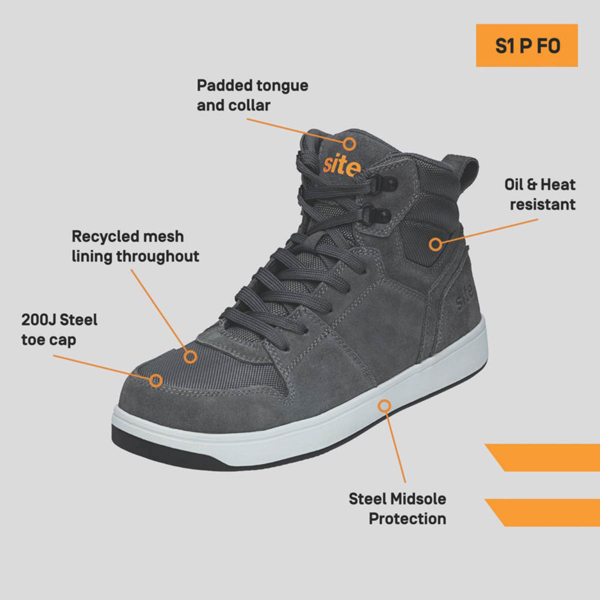 Site Mens Safety Trainers Lightweight Boots Grey Leather Shoes Steel Toe Size 11 - Image 2