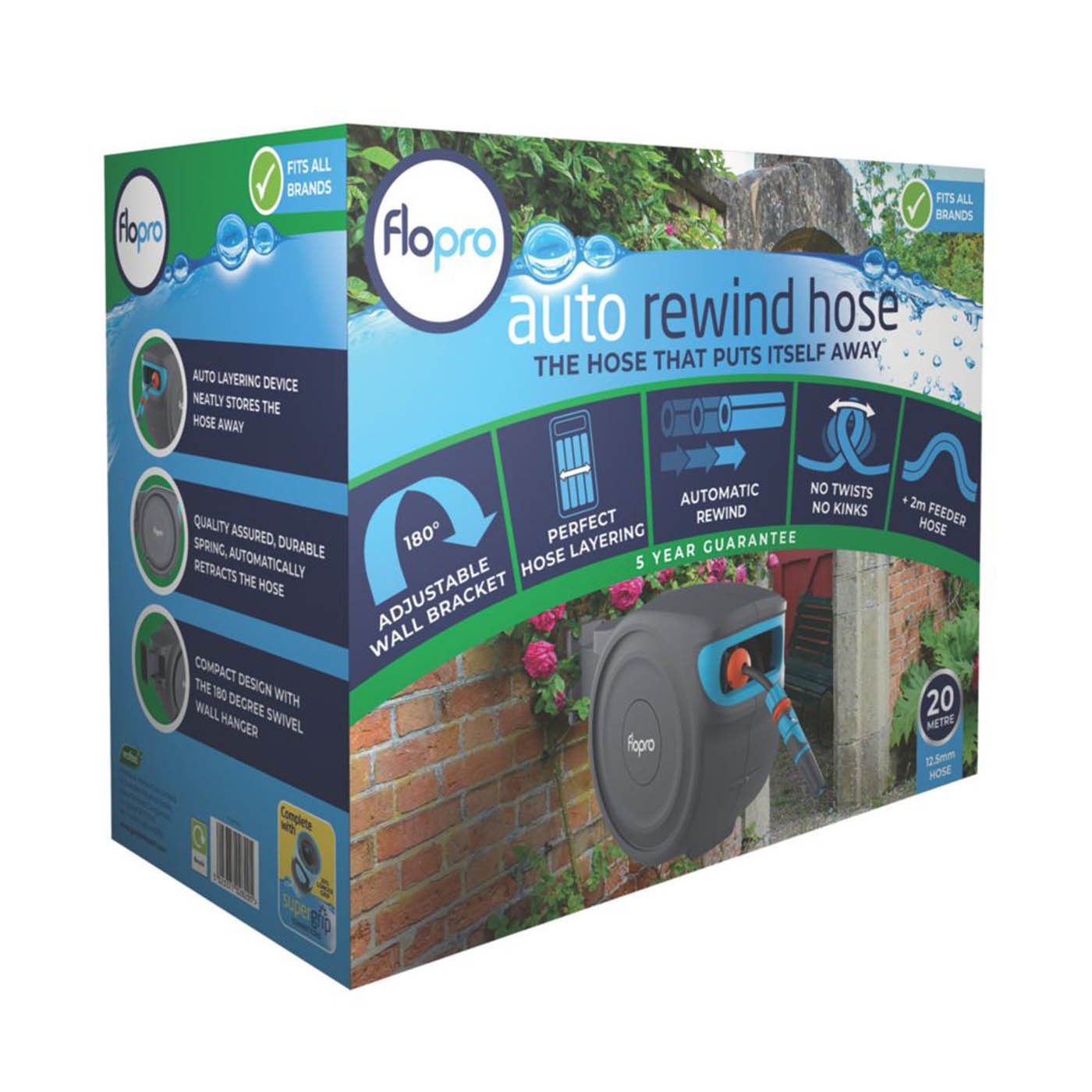 Flopro Hose Reel 20m Auto Rewind Wall Mounted 180° Swivel Retractable Garden - Image 5