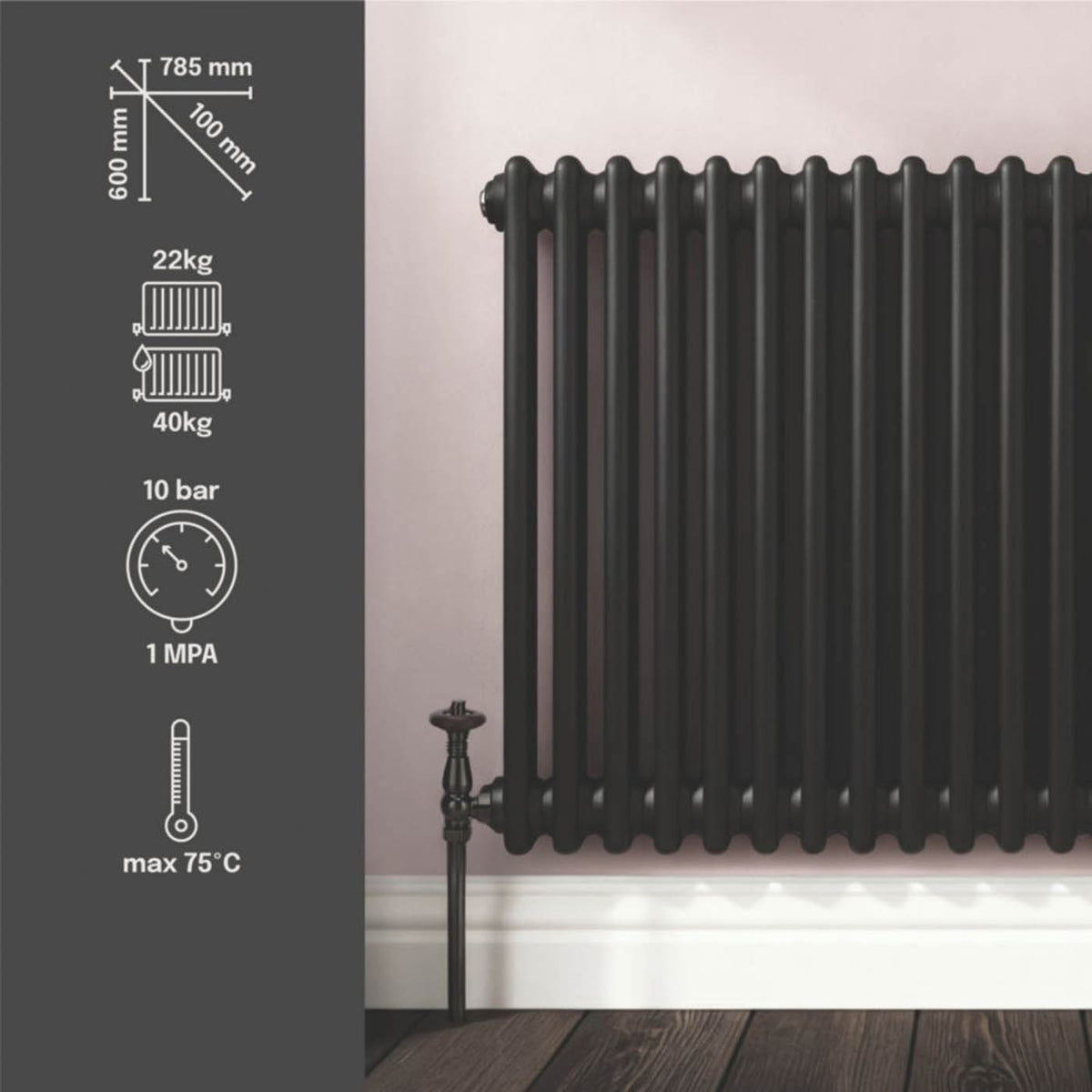 Flomasta 3 Column Radiator Black Horizontal Steel Traditional (H)60x(W)78.5cm - Image 4