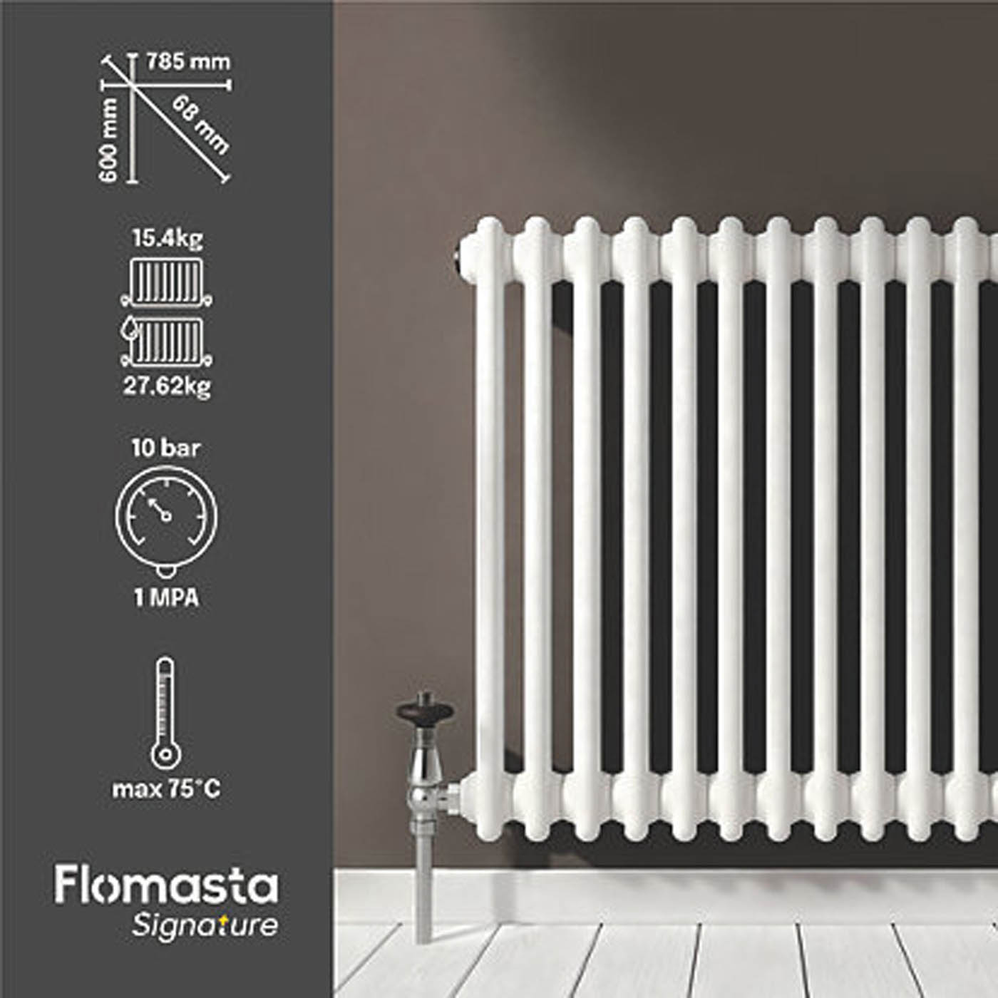 Flomasta 600mm x 785mm 2732BTU White Horizontal 2 Column Radiator - Image 4