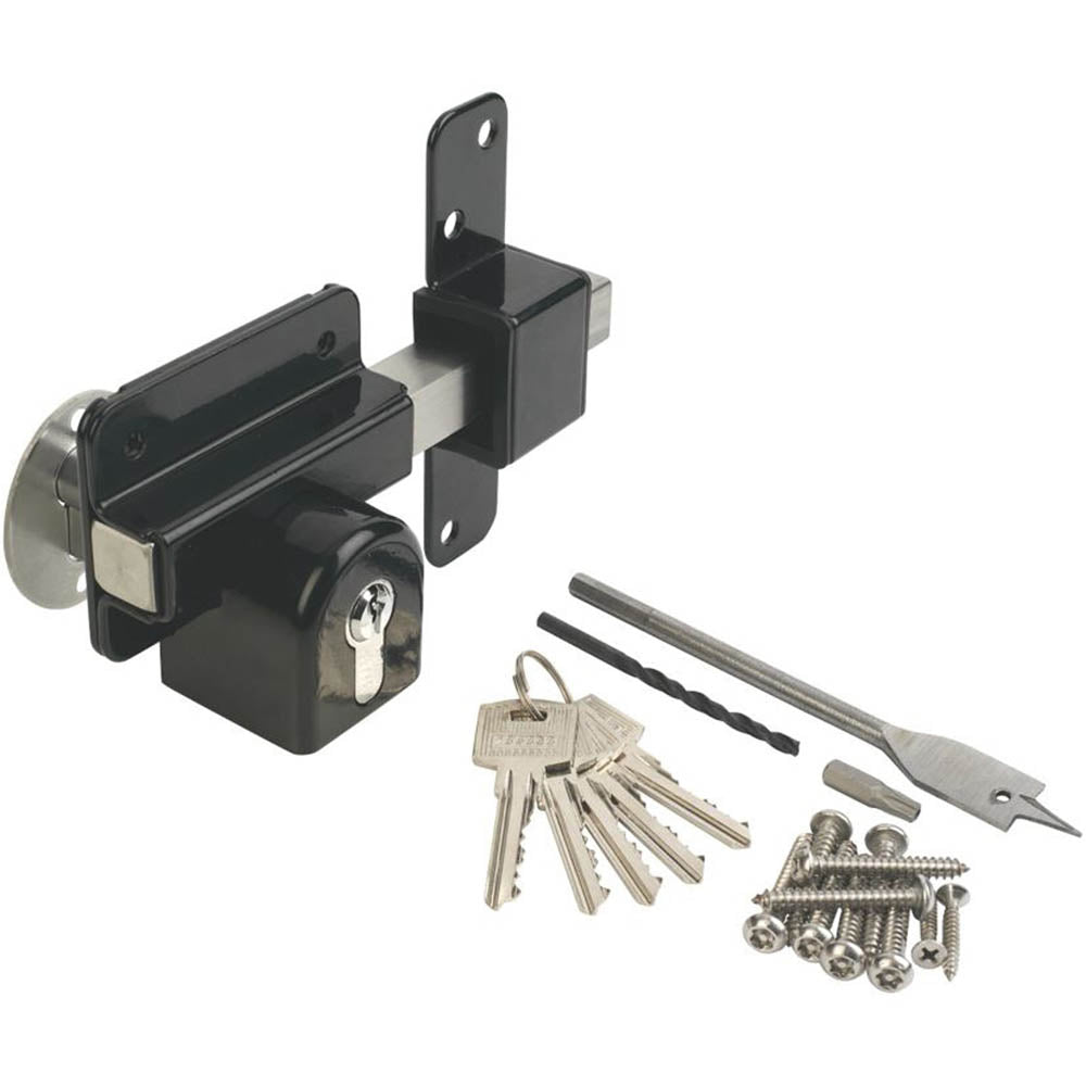 Gate Door Lock Double-Locking Euro Long Throw Lockable 5 Keys Black Steel - Image 1
