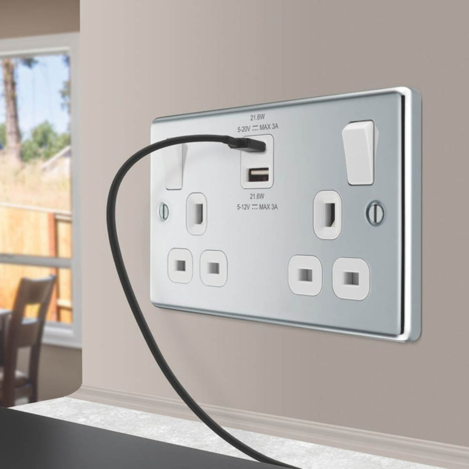 LAP Switched Socket Type A & C USB Charger Chrome 13A 2-Gang SP +3A 22W 2-Outlet - Image 2