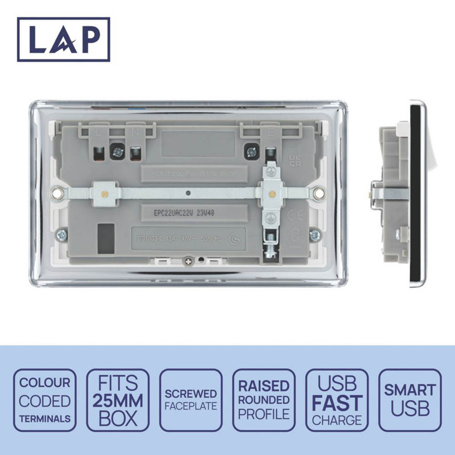 LAP Switched Socket Type A & C USB Charger Chrome 13A 2-Gang SP +3A 22W 2-Outlet - Image 4