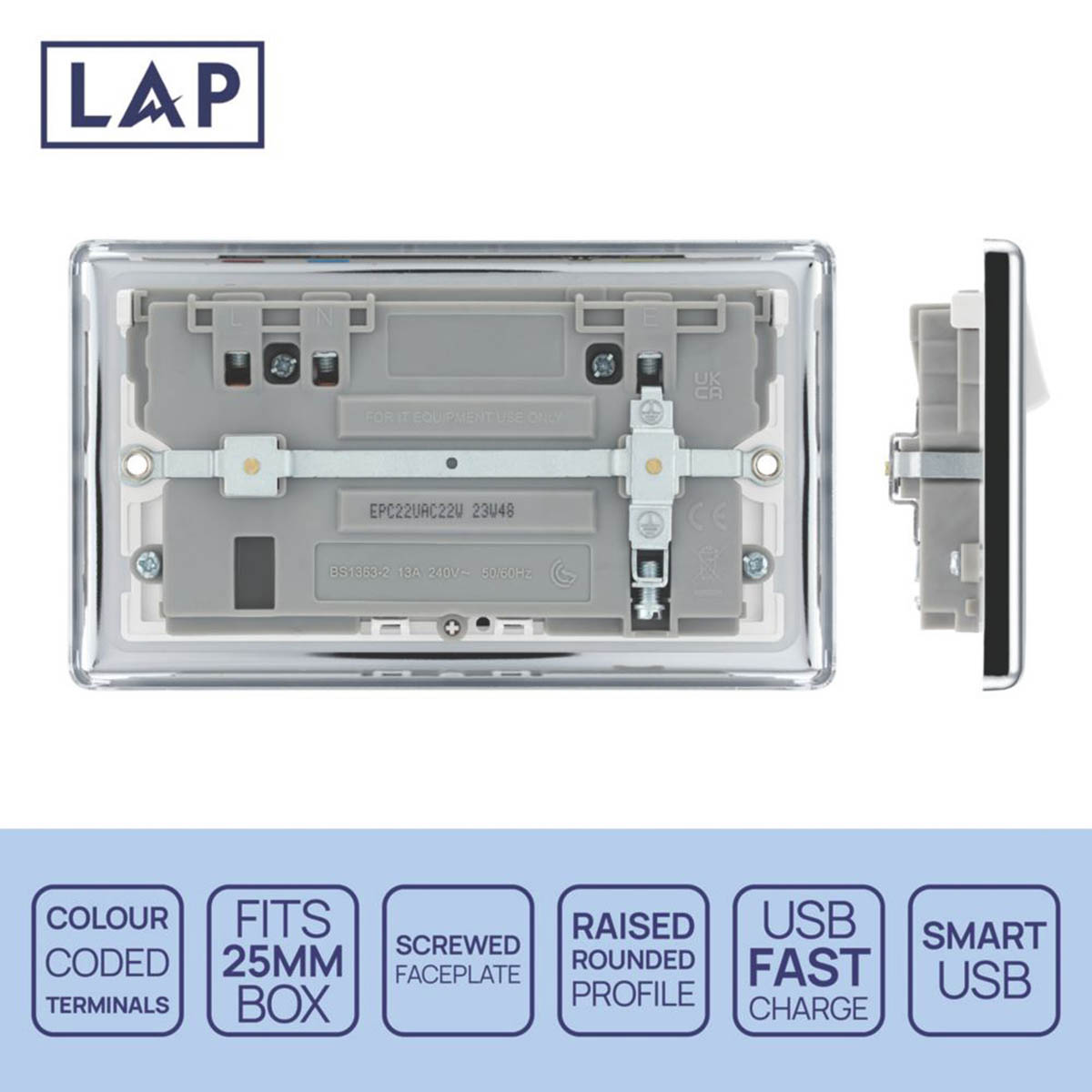 LAP Switched Socket Type A & C USB Charger Chrome 13A 2-Gang SP +3A 22W 2-Outlet - Image 4