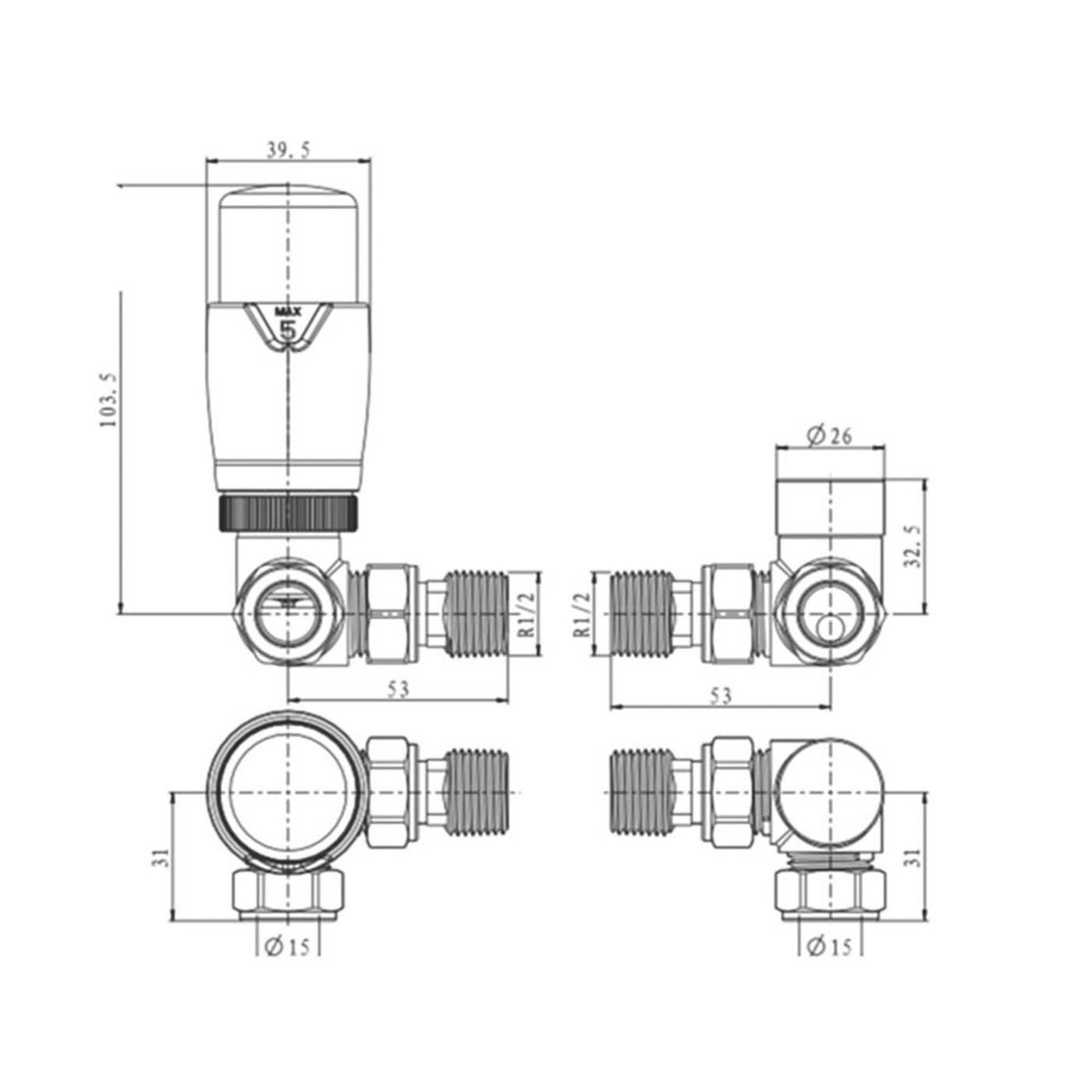 Reina Thermostatic Radiator Valve And Lockshield 15x15mm Anthracite Corner - Image 4