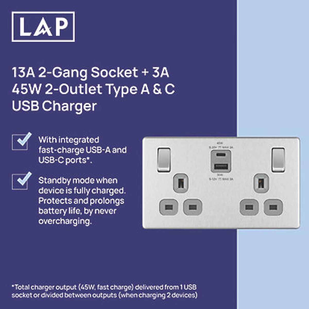 LAP Switched Socket With 2-Outlet USB 13A 2-Gang Brushed Steel SP 3A 45W Charger - Image 3