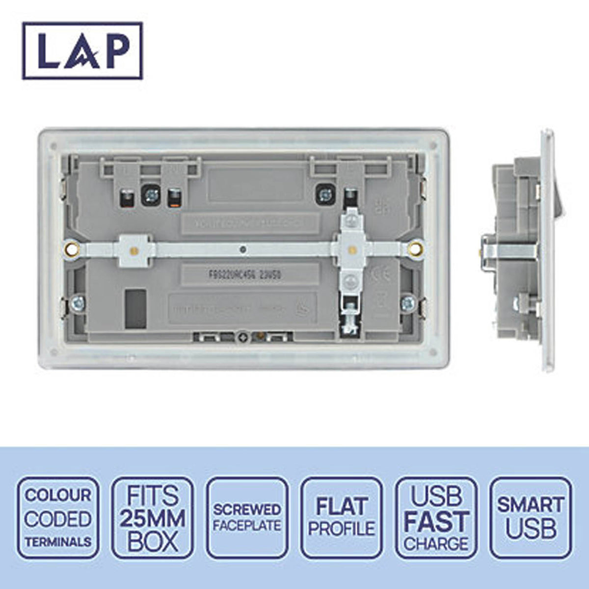 LAP Switched Socket With 2-Outlet USB 13A 2-Gang Brushed Steel SP 3A 45W Charger - Image 4