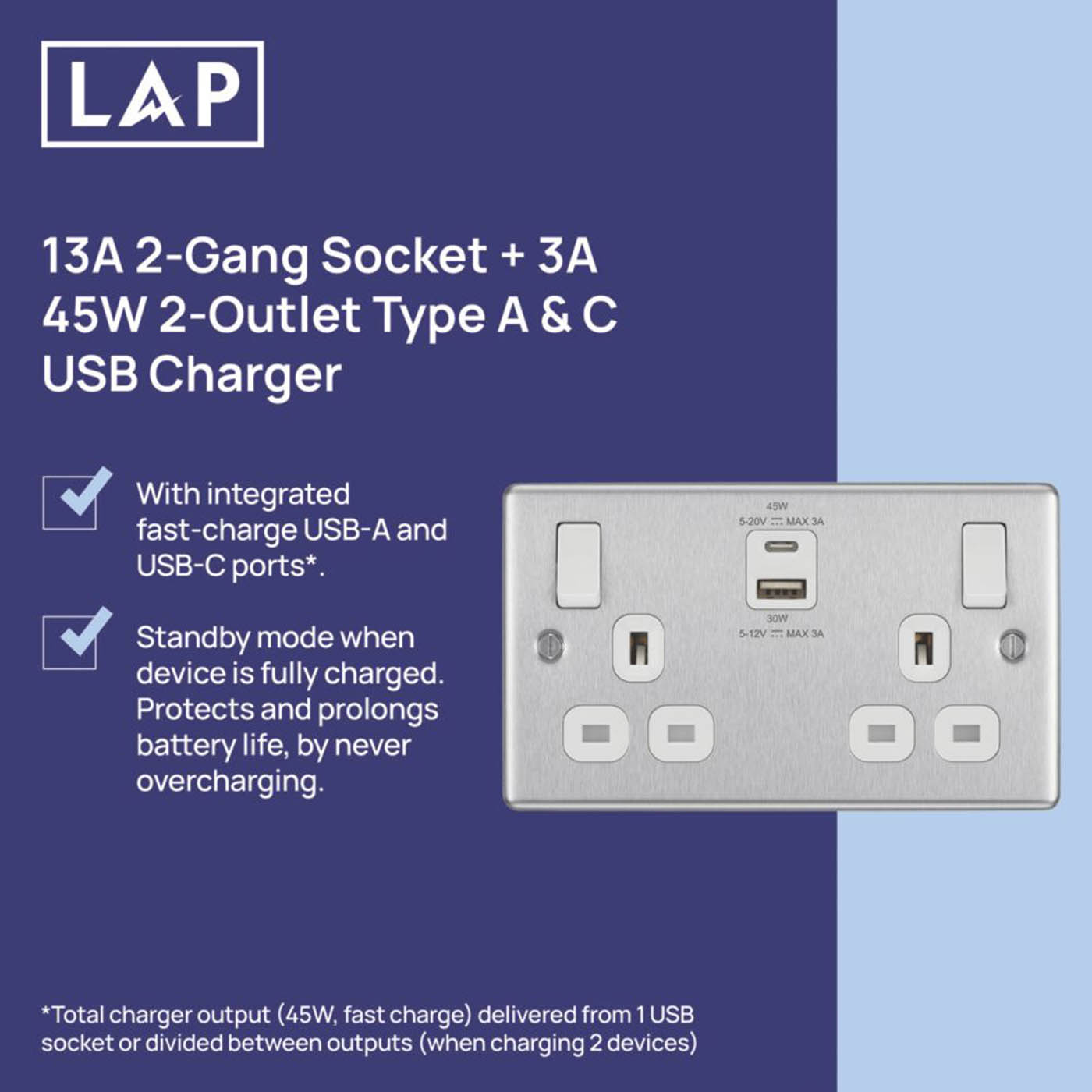 LAP Switched Socket SP 13A 2-Gang Type A C USB Charger Brushed Steel Raised - Image 2