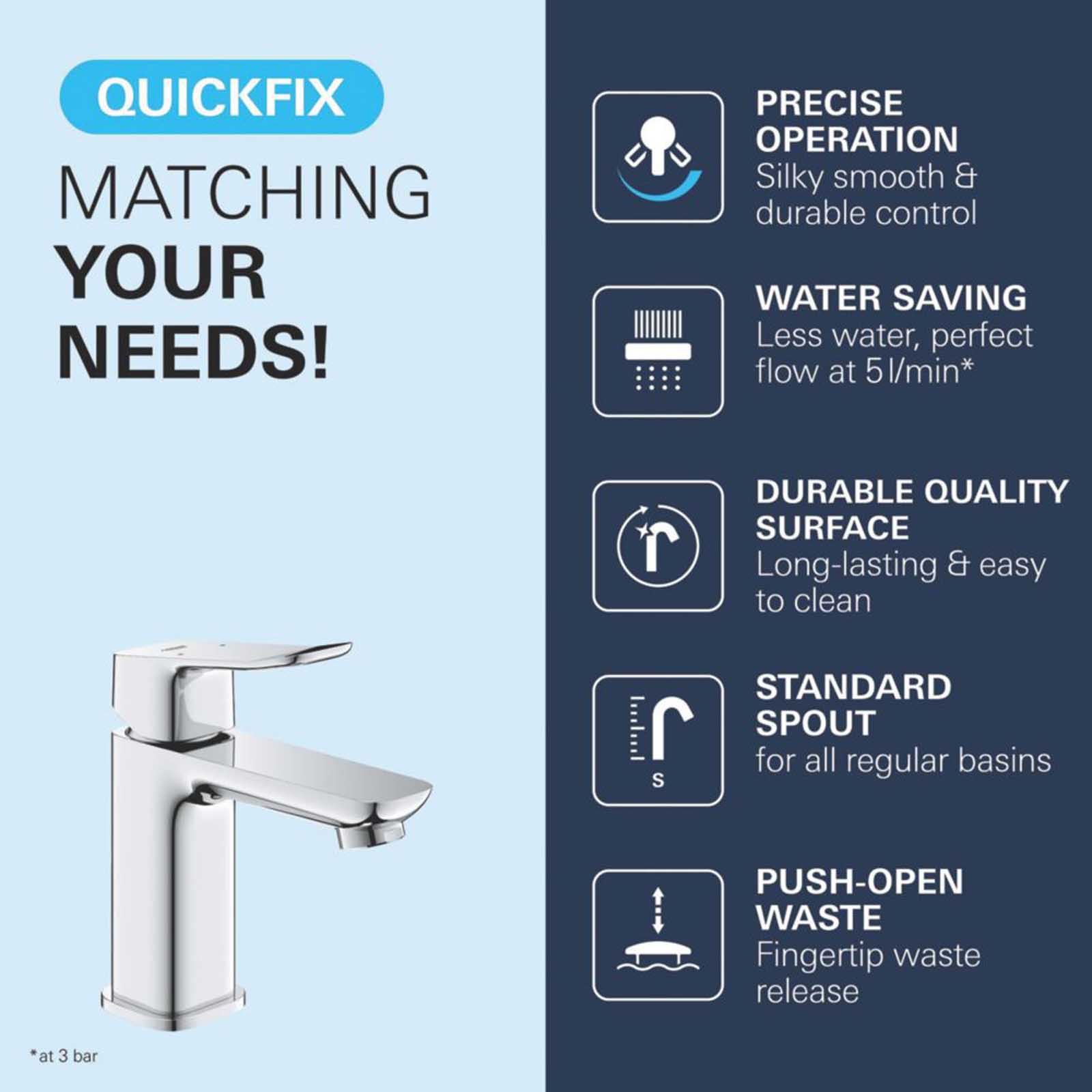 Grohe Dice Chrome 185mm Standard Lever Mono Basin Mixer Tap With Clicker Waste - Image 4