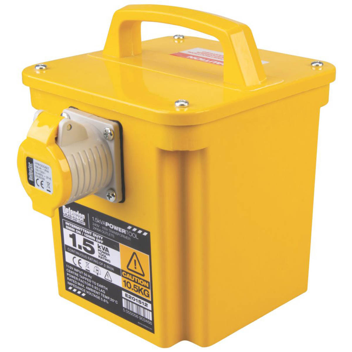 Defender Step-Down Transformer 230V/110V Yellow Freestanding 1.5kVA Intermittent - Image 1