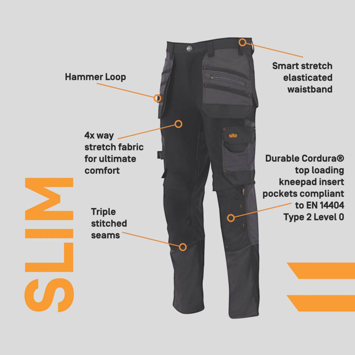 Mens Work Trousers Stretch Holster Pocket Black Slim Fit Breathable 30" W 32" L - Image 2