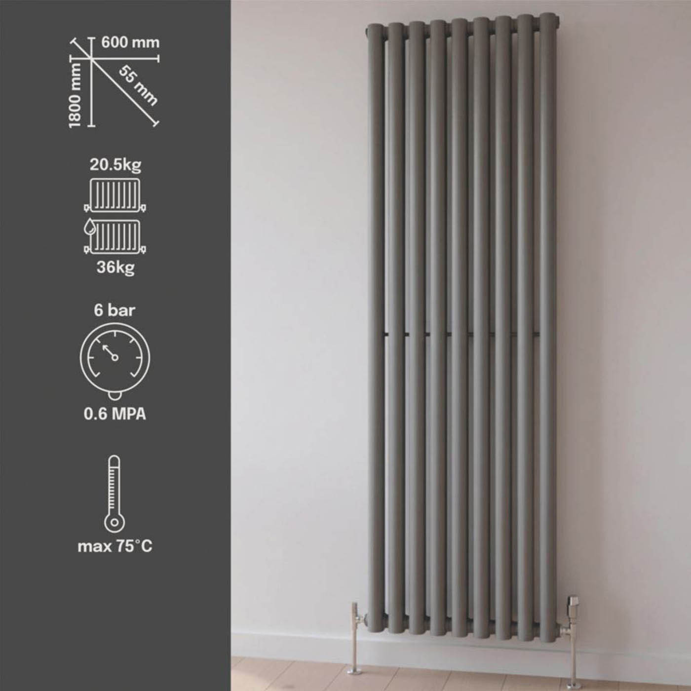 Flomasta Designer Radiator Anthracite Vertical Steel Modern (H)180x(W)60cm - Image 3