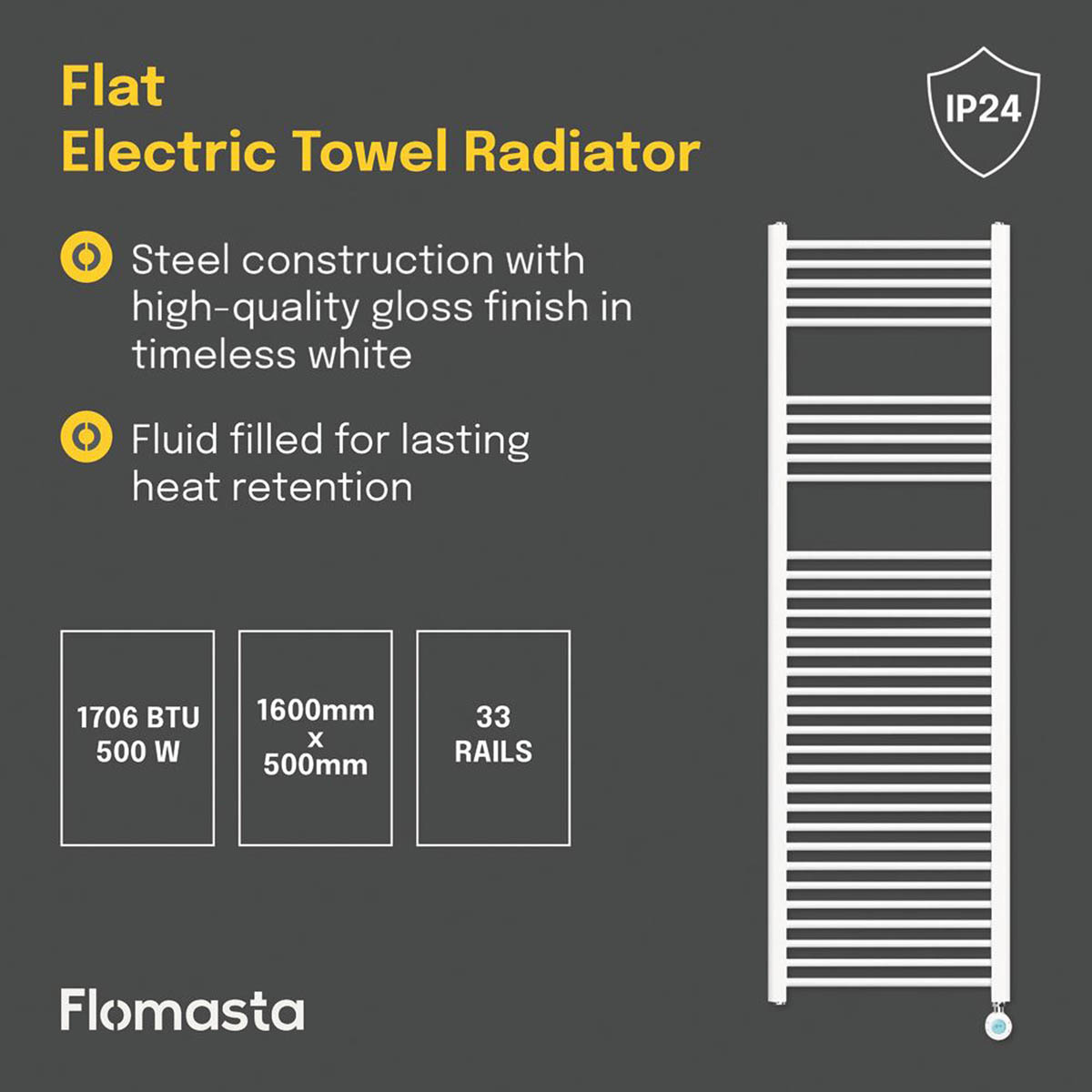 Flomasta Flat Towel Radiator Electric White Programmable 1600mm x 500mm 1706BTU - Image 4