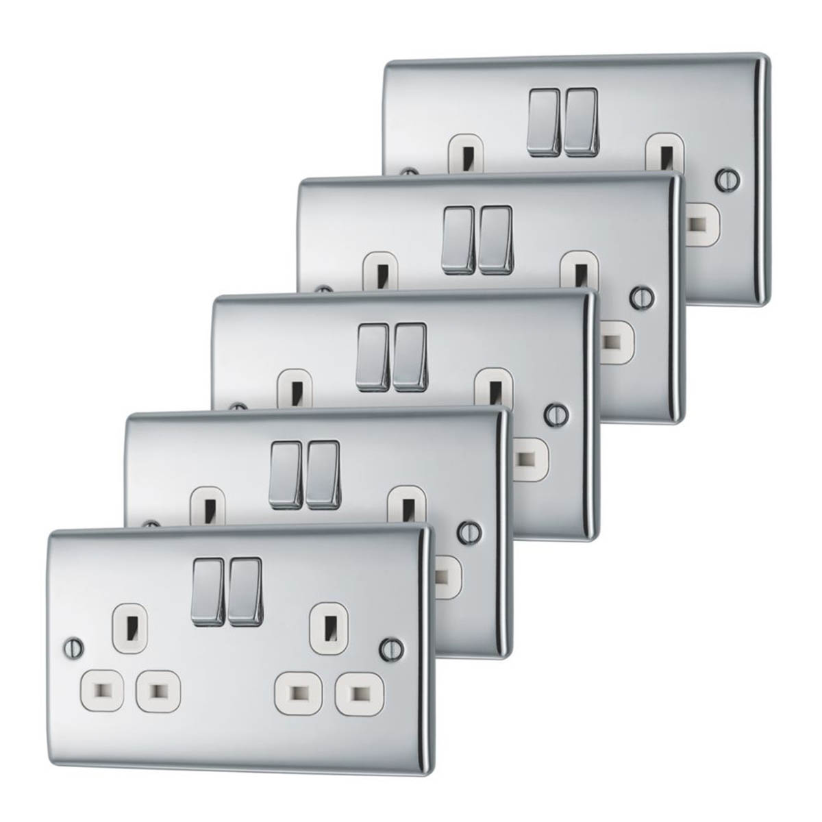 British General Switched Plug Sockets 13A 2-Gang DP Polished Chrome 5 Pack - Image 1