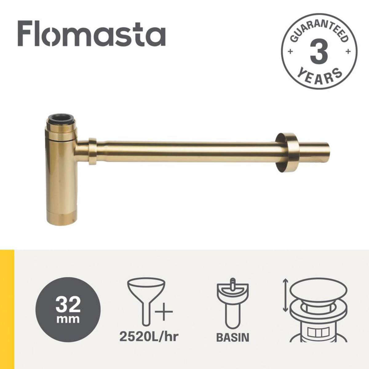Flomasta Bottle Trap Telescopic Brushed Brass Adjustable Demountable Modern 32mm - Image 2