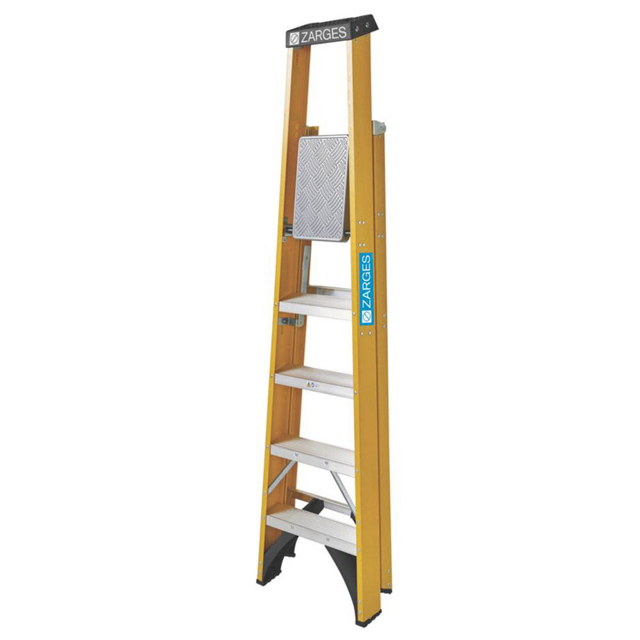 Zarges Platform Step Ladder 1.78m 5 Step Yellow Fibreglass Anti Slip Flat Treads - Image 2