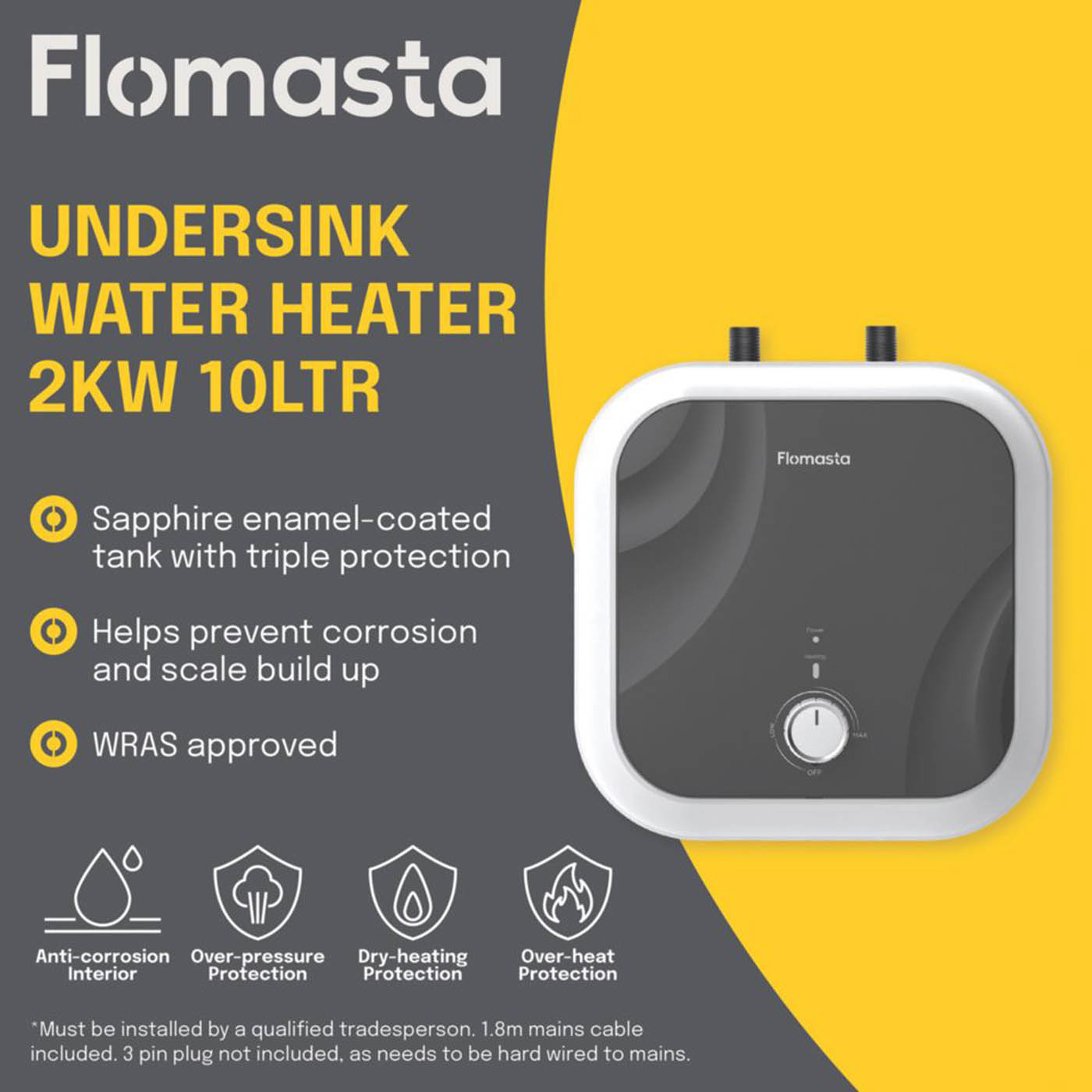 Flomasta Electric Water Heater Undersink Compact Wall Mounted Durable 2kW 10Ltr - Image 3