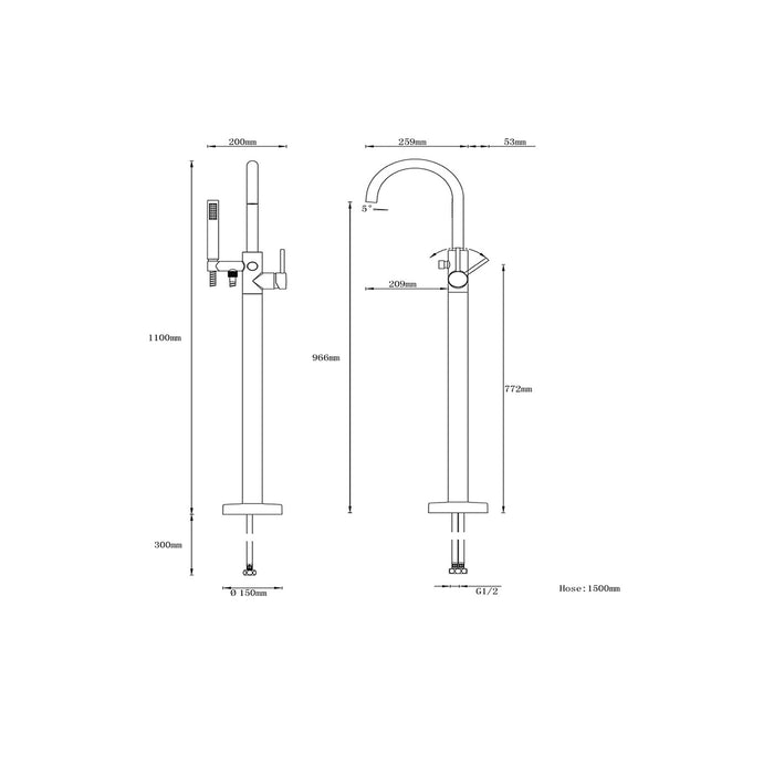 Freestanding Bath Filler Tap Handheld Shower Chrome Bathroom Floor Mounted - Image 6