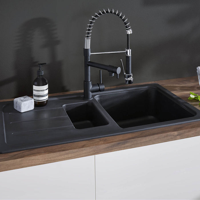 Kitchen Sink 1.5 Bowl Black Composite Quartz Reversible Drainer 500x900mm - Image 4