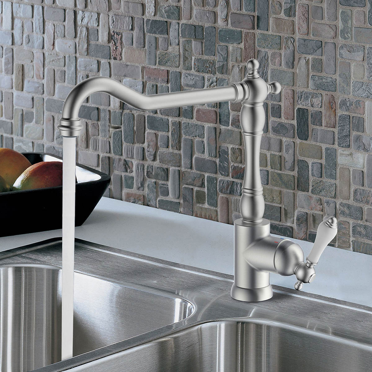 Kitchen Sink Tap Mixer Nickel Effect Single Side Lever Brass Swivel Spout Faucet - Image 5