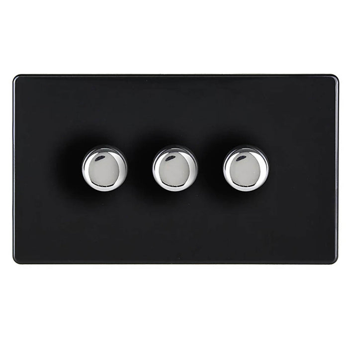 LED Dimmer Switch 3 Gang 2 Way Flat Plate Push-On/Off Rotary Black Screwless - Image 1