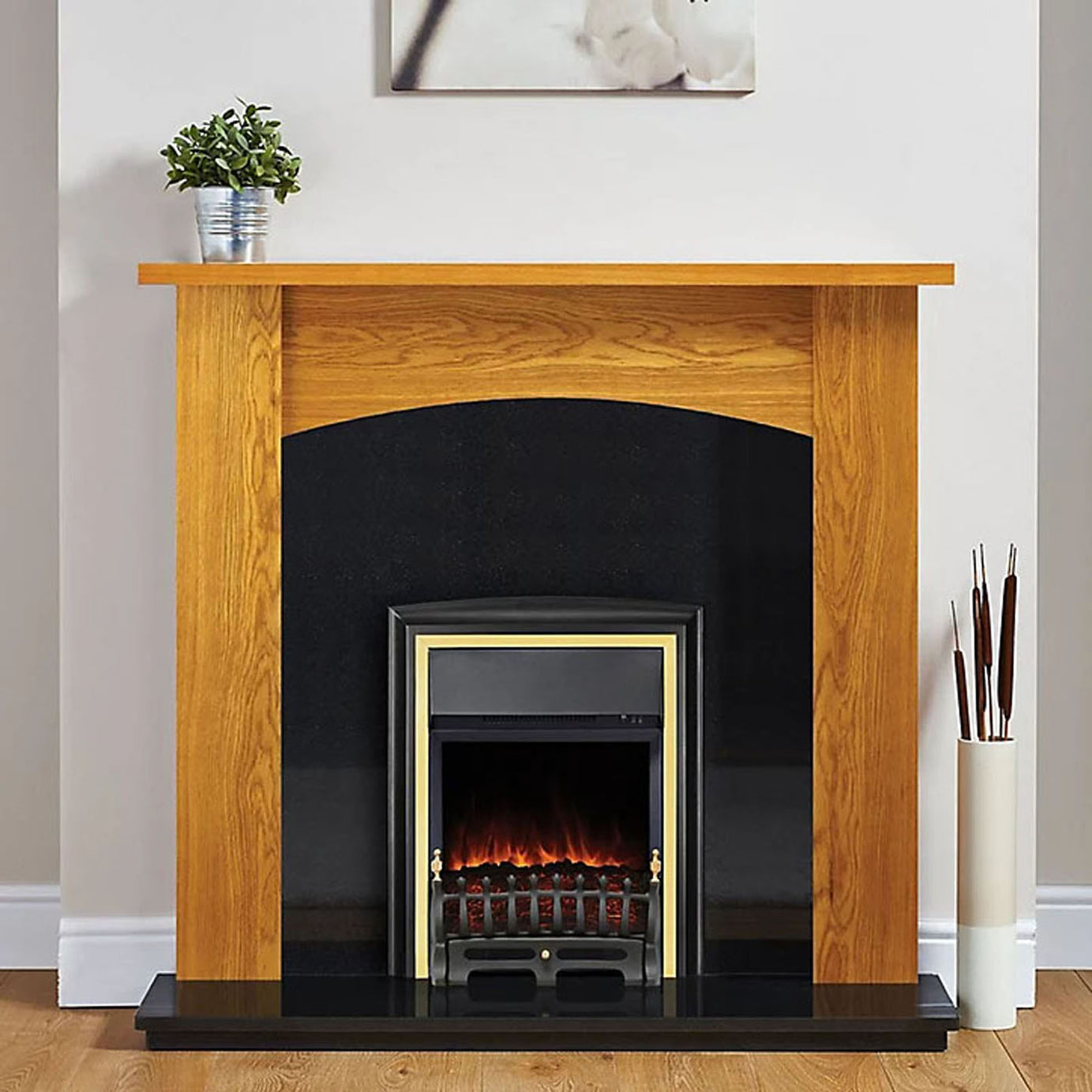 Electric Fireplace Inset 2kW Heater LED Flame Effect Brass Black Remote Control - Image 1