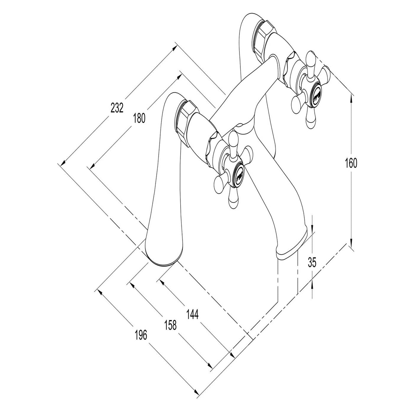 Bath Filler Tap Mixer Chrome Cross Head Handles Bathroom Traditional Faucet - Image 3