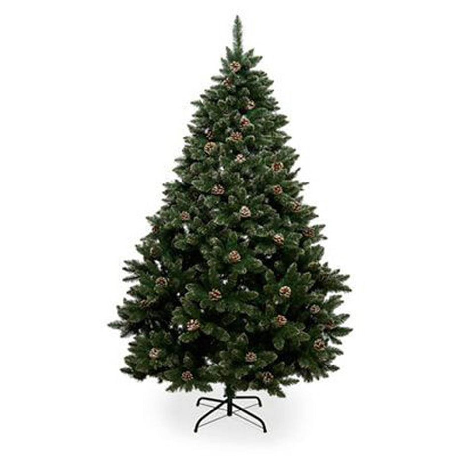 Christmas Tree 7ft Pine Green Flocked Effect Hinged Artificial Pine Cones Indoor - Image 1