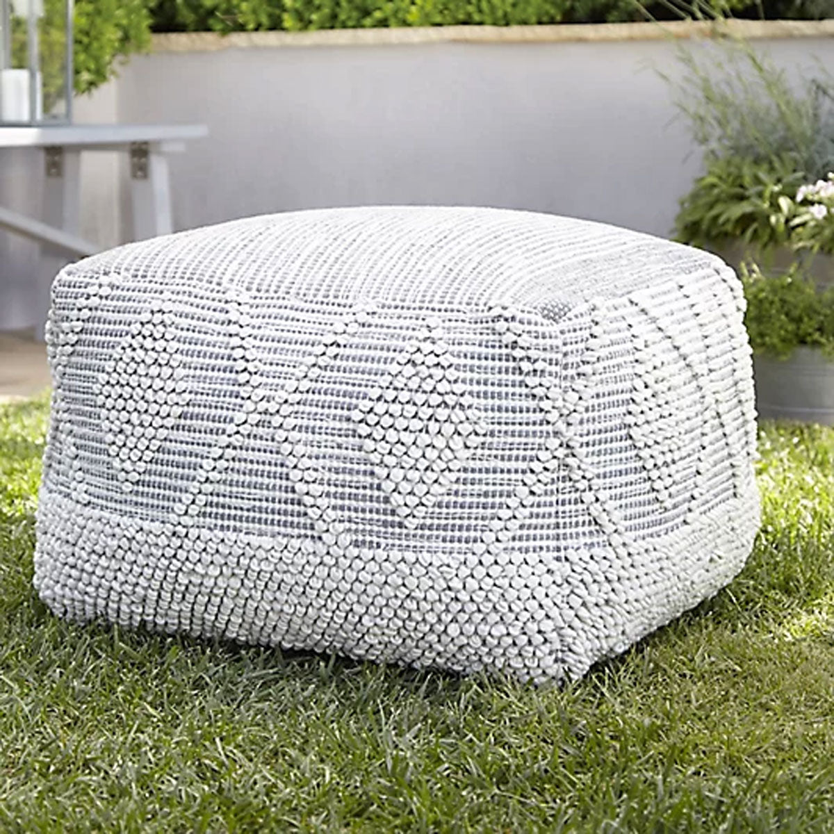 Large Footstool Bean Bag Grey Square Crochet Stitch Seat Indoor Outdoor 50x50cm - Image 1