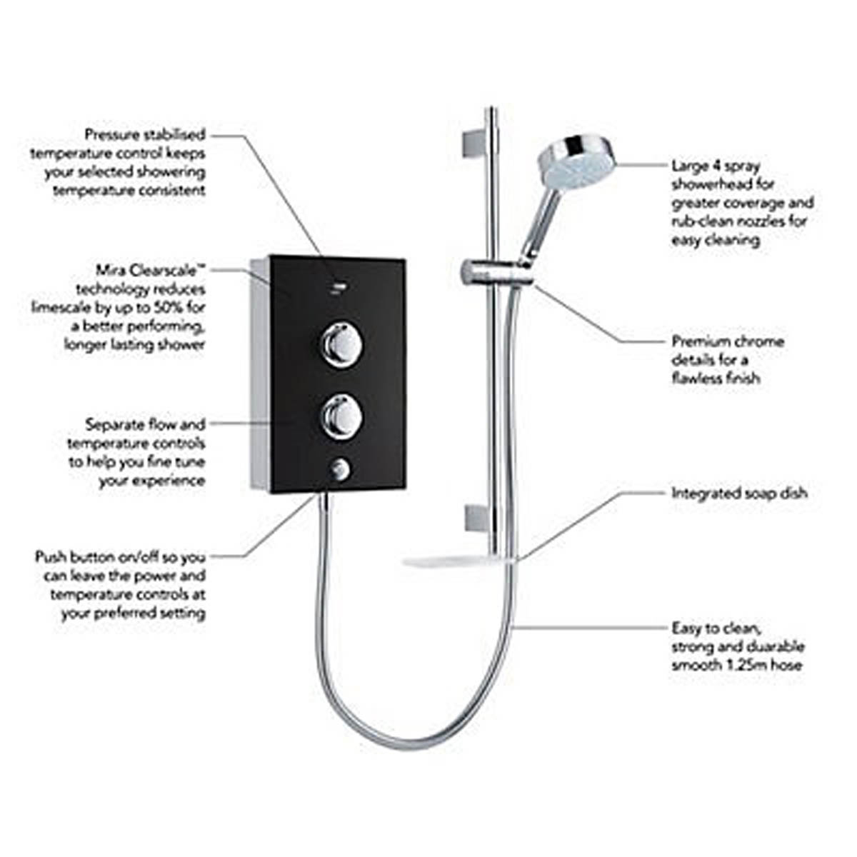 Mira Electric Shower 8.5kW Black Onyx Manual 4 Spray Pattern Round Modern - Image 5