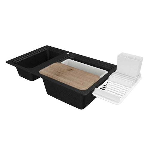 Kitchen Sink Set Composite Quartz Satin Black Rectangular Reversible Modern - Image 1