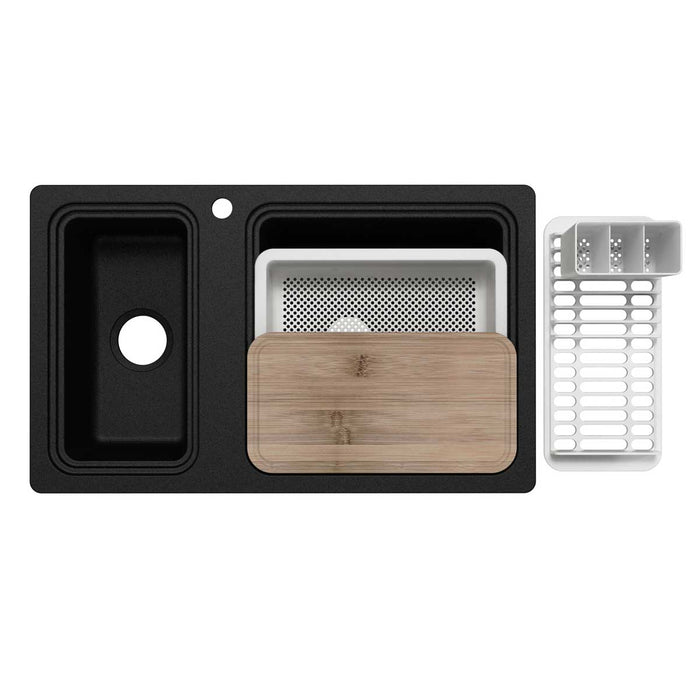 Kitchen Sink Set Composite Quartz Satin Black Rectangular Reversible Modern - Image 2