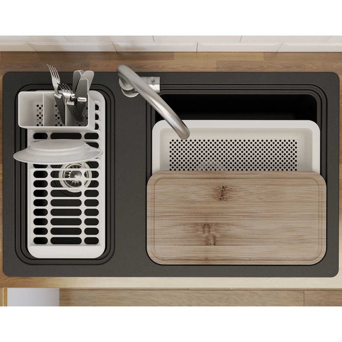 Kitchen Sink Set Composite Quartz Satin Black Rectangular Reversible Modern - Image 3