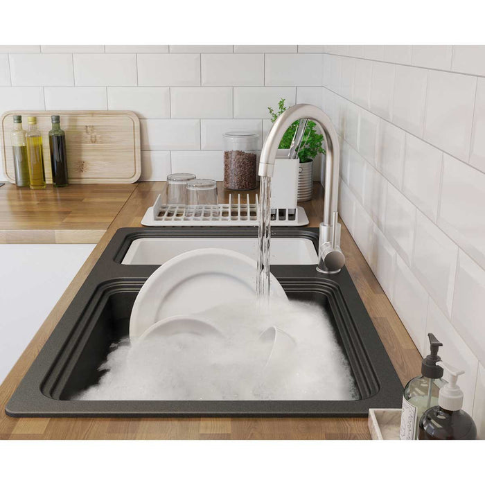 Kitchen Sink Set Composite Quartz Satin Black Rectangular Reversible Modern - Image 4