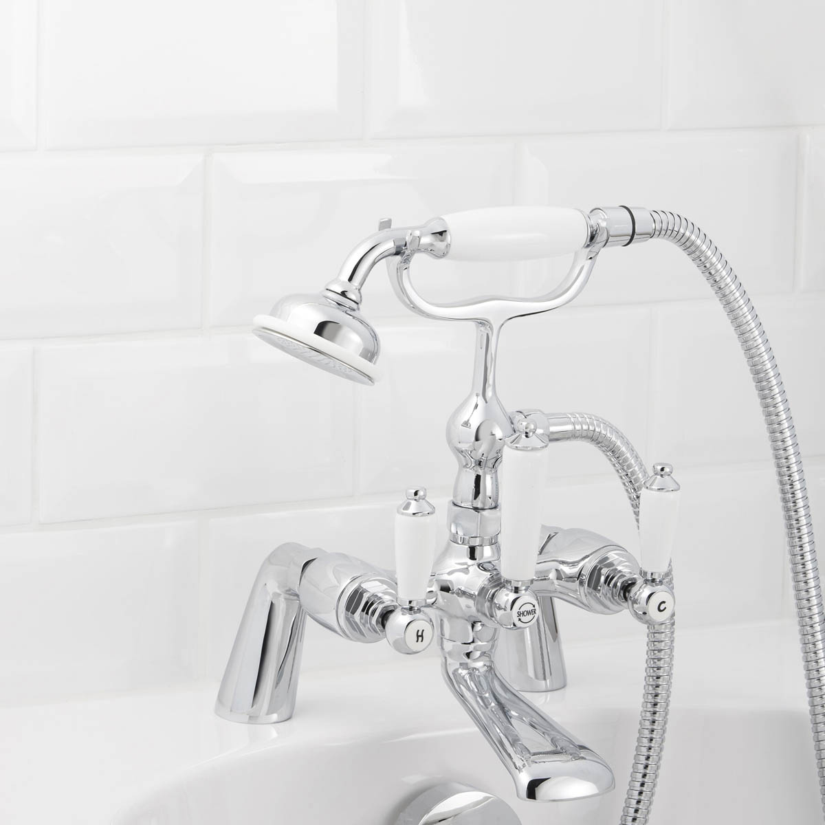 Bath Filler Tap With Hand Held Set Brass Double Lever Round Head Bathroom - Image 3
