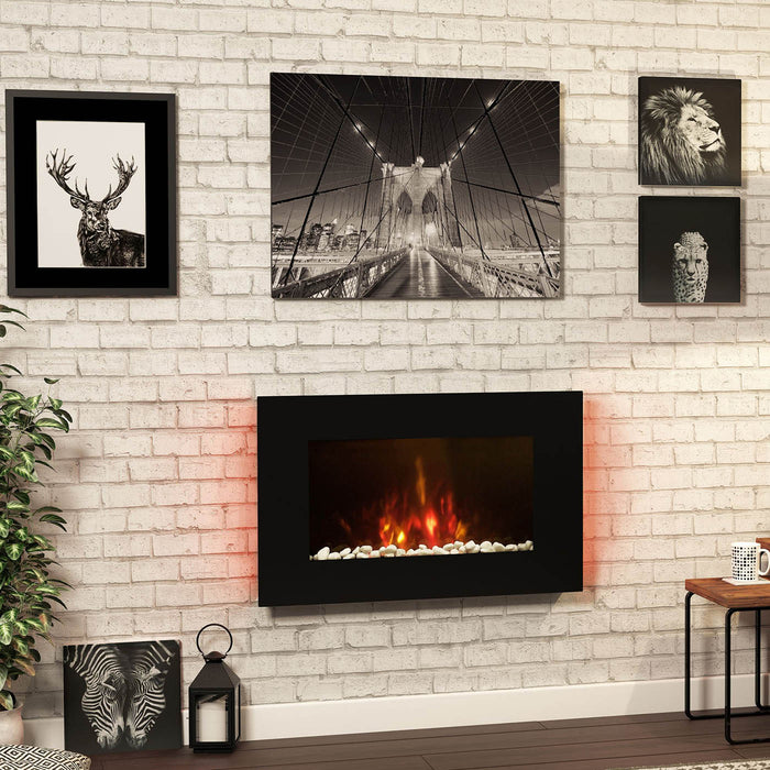 Electric Fireplace Wall Mounted Log Flame Effect Remote Control Black Glass 2kW - Image 2