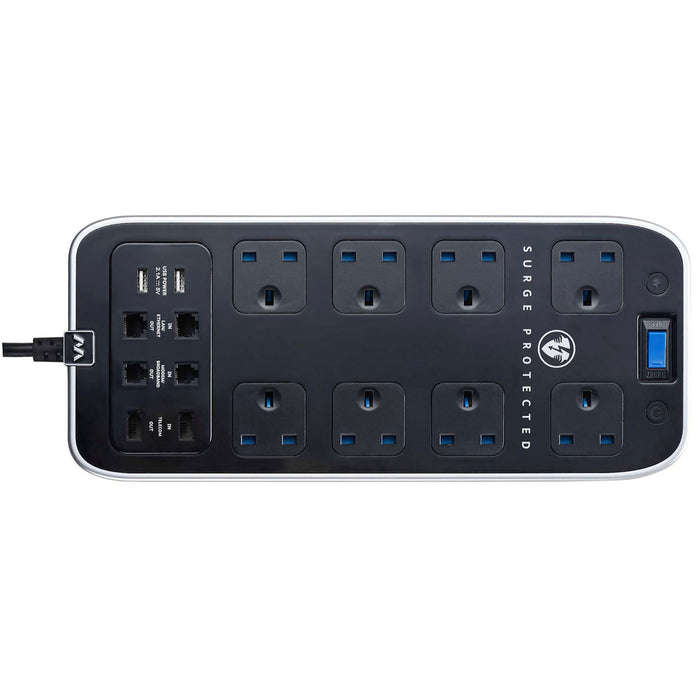 Masterplug Extension Lead 8 Socket Surge Protected Black 2 USB Ports 13A 2M - Image 2