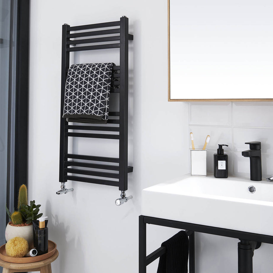 Towel Rail Radiator Black Vertical Warmer 1109BTU Compact (W)400mm x (H)828mm - Image 1