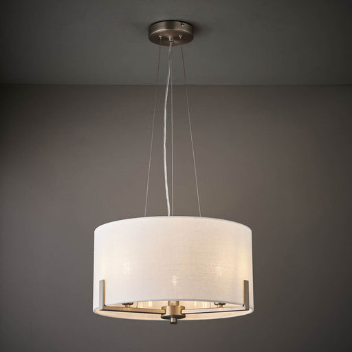 Pendant Ceiling Light 3 Lamp Matt Faux Linen Steel Nickel Effect Modern - Image 1