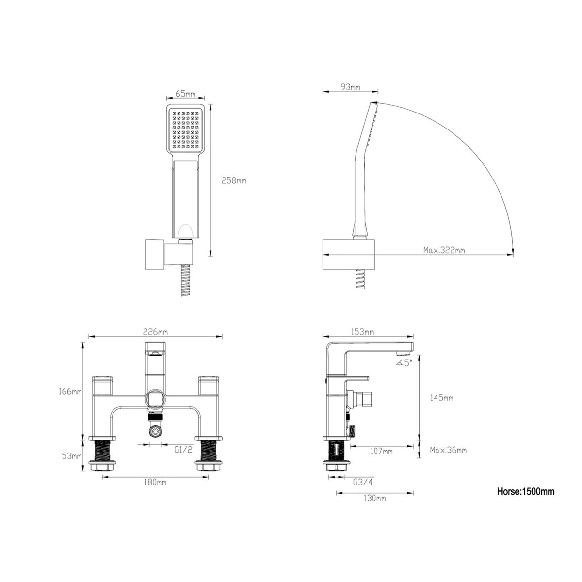 Bath Filler Tap Mixer Shower Handset Chrome Dual Lever ¼ Turn Modern Bathroom - Image 4