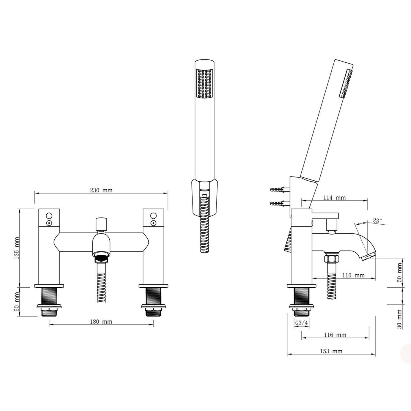 Bath Filler Tap With Hand Held Set Chrome Dual Lever Brass Bathroom Contemporary - Image 2
