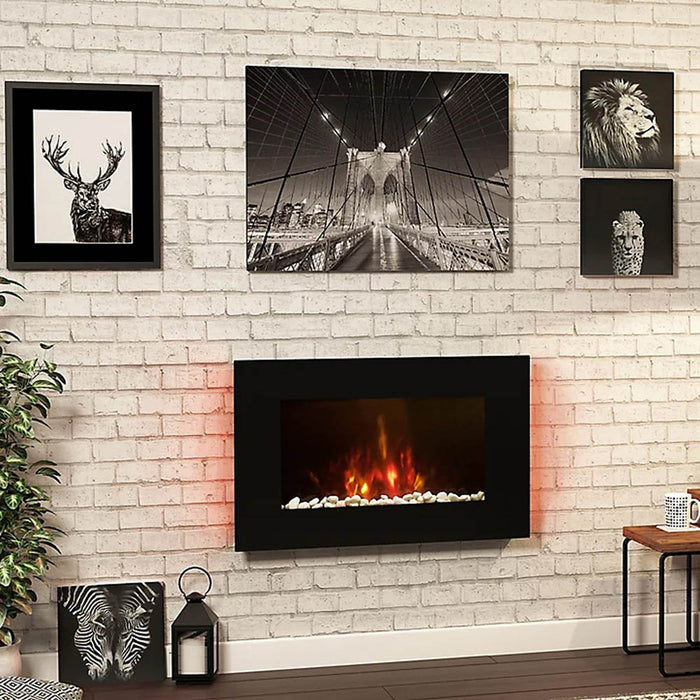 Electric Fire Heater Wall Mounted Slimline Black Glass Flame Remote Control 2kW - Image 2