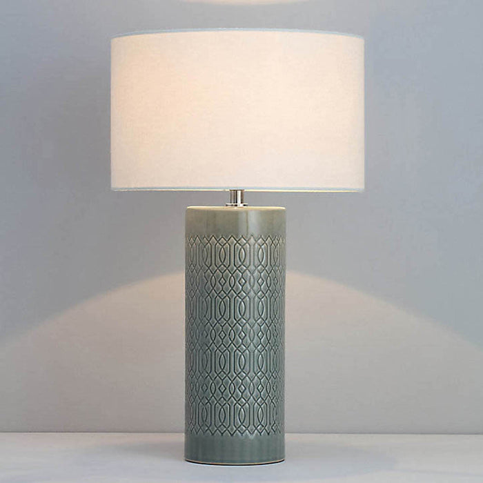 Table Lamp Bedside Sage Green Embossed Ceramic Cylinder Base Drum Shade Modern - Image 2