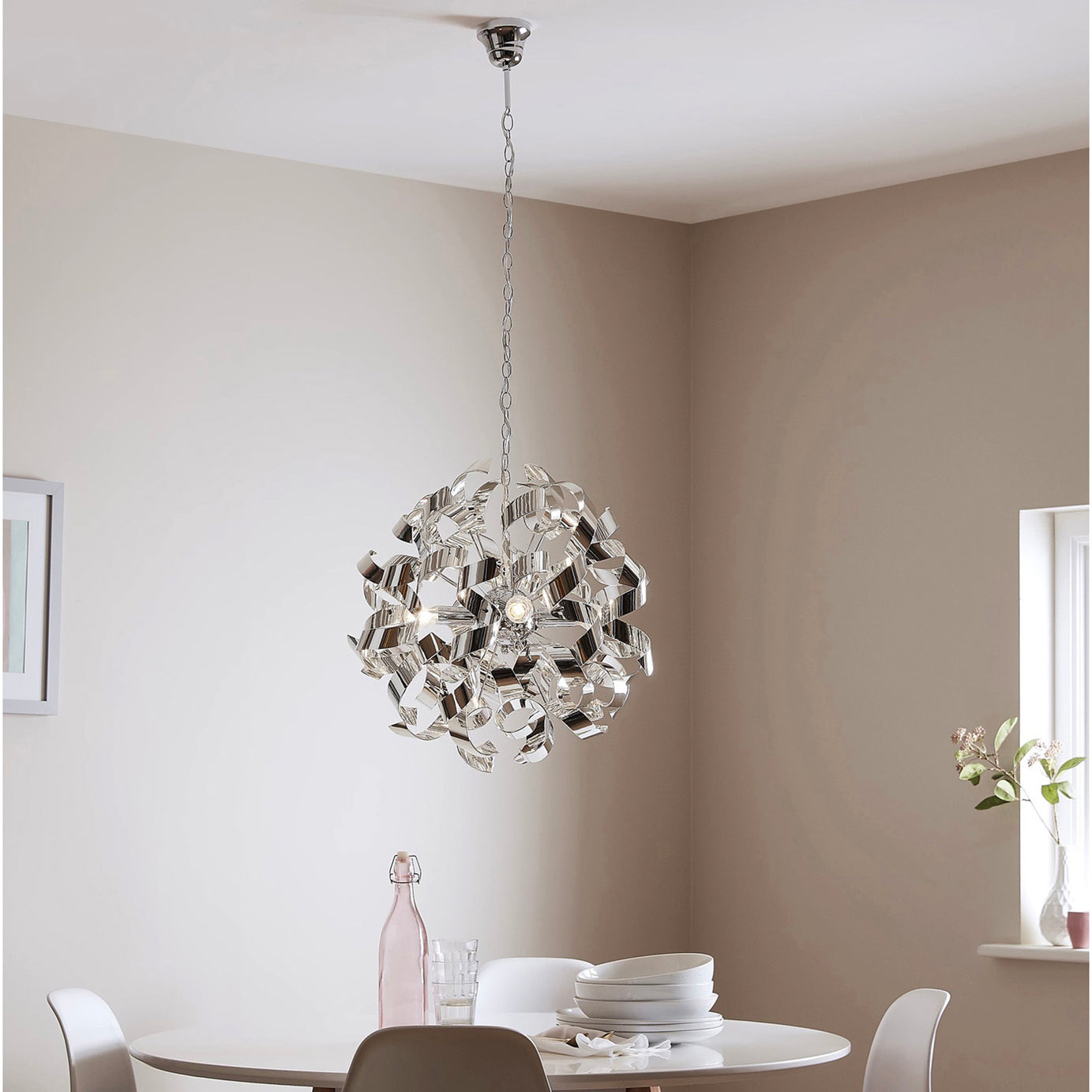 Pendant Ceiling Light 4 Lamp Chrome Effect Modern Adjustable Height (Dia)500 mm - Image 1
